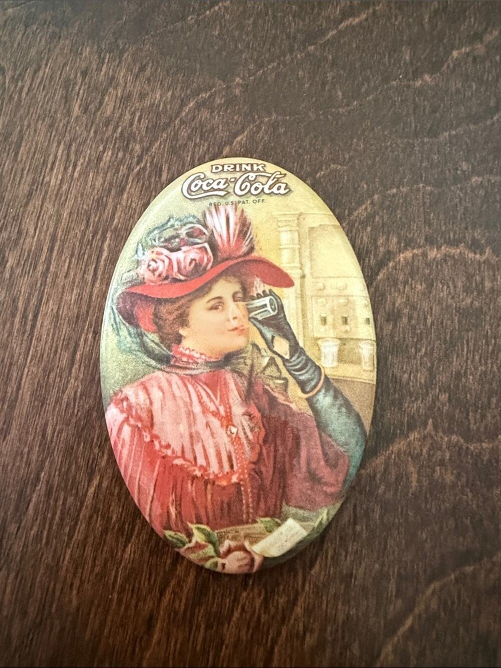 Vintage 70s Drink Coca-Cola Victorian Coke Girl Promotional Oval Pocket Mirror